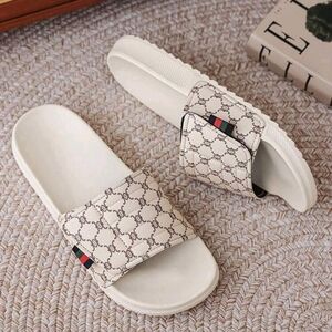 Designer-Style Cream Patterned Slide Sandals